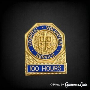 Vintage Hospital Volunteer Service Pin Blue Enamel Gold Tone 100 Hours Award